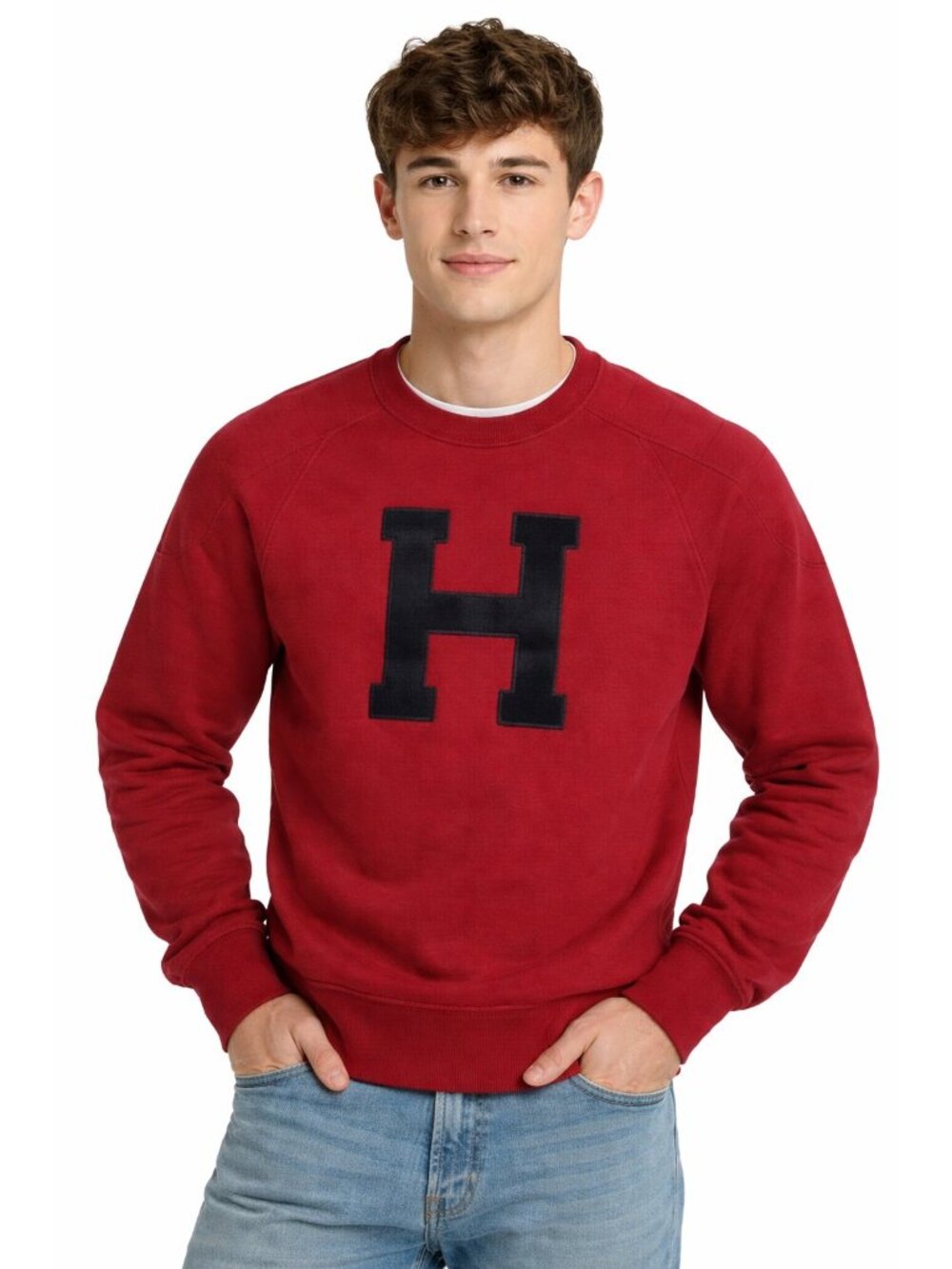 Tommy Hilfiger Sweatshirt Men's Small Burgundy Cotton H Varsity Crewneck Preppy